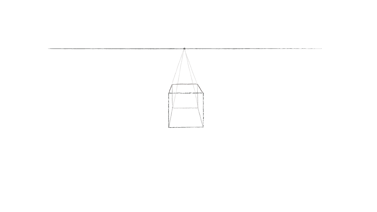  背面の正方形を描いて一点透視図法の立方体の完成 