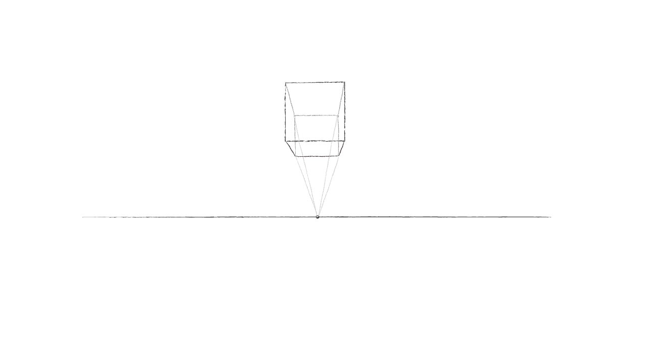  背面の正方形を描いて一点透視図法の立方体の完成 