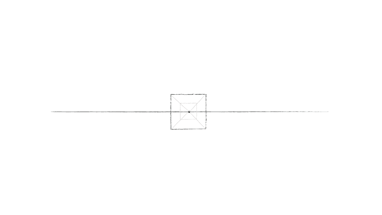  背面の正方形を描いて一点透視図法の立方体の完成 